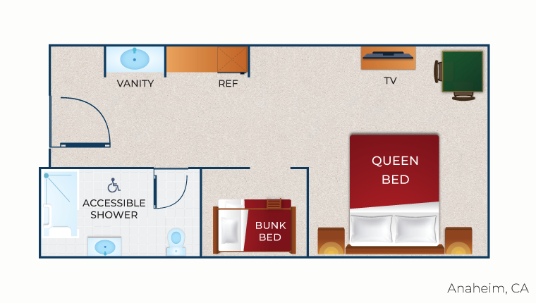 The floor plan for the Wolf Den Suite (Accessible Shower) 